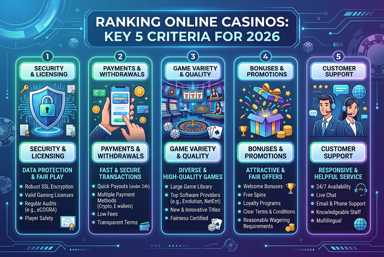 Infografika przedstawiająca główne kryteria rankingu kasyn 2026