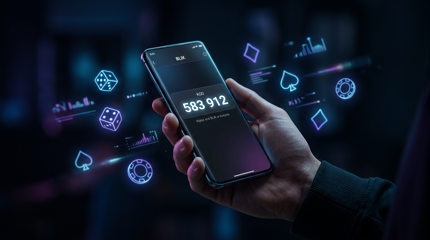 Smartfon wyświetlający kod BLIK na tle neonowych symboli kasynowych