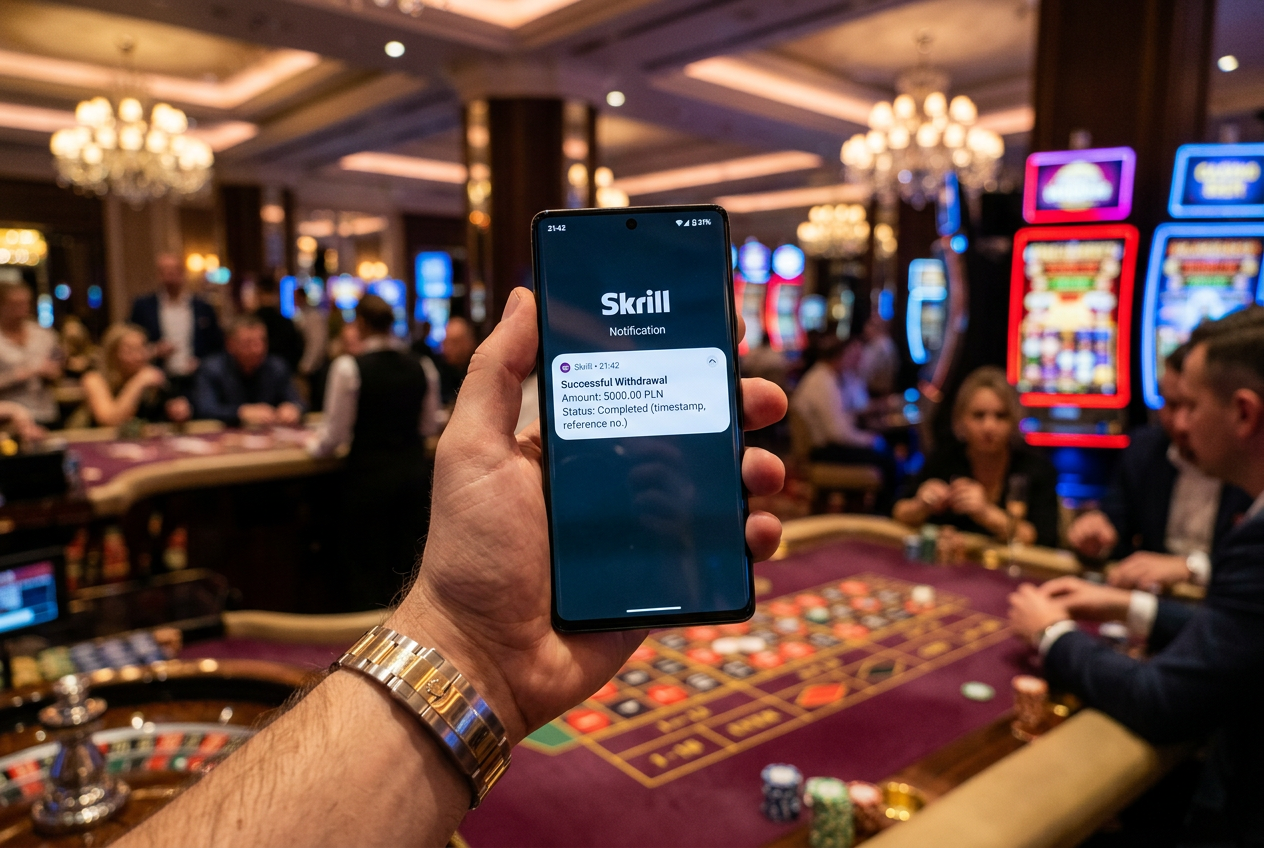 Powiadomienie na smartfonie o otrzymaniu wygranej z kasyna na portfel Skrill